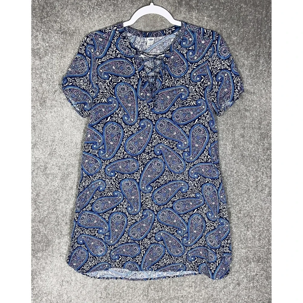 Old Navy Shift Dress Womens Size S Blue Paisley Lace Up Neckline Short Sleeve